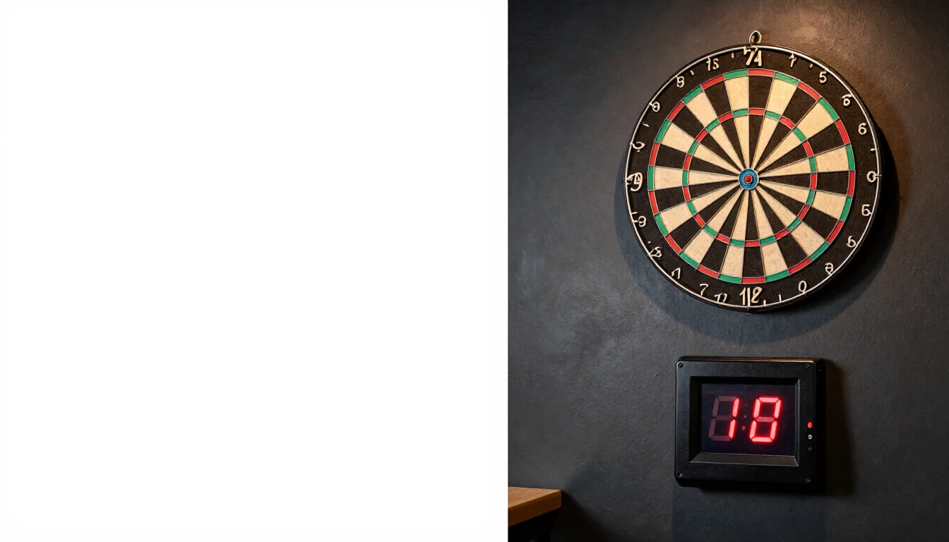 Illustrative darts area with dartboard and electronic scoring display